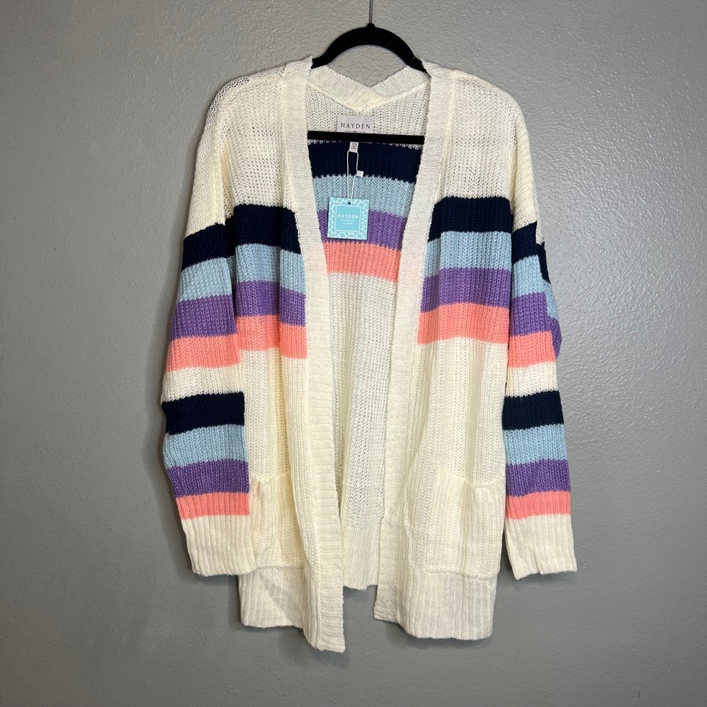 Hayden Cardigan Sz S/M‎ Cream Rainbow Striped Open Front Pocket Long NWT